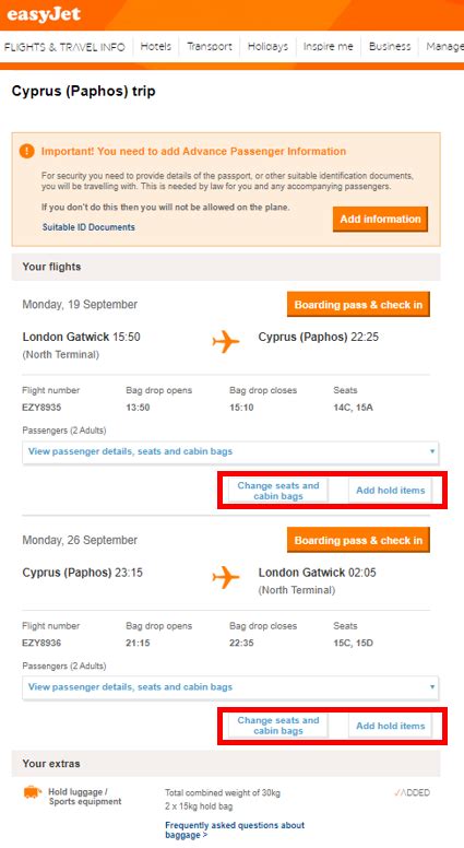 easyjet add baggage